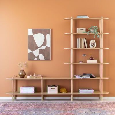 Askel tammi taso ja avohylly 230x35x185 cm pyöreällä päädyllä savutammi